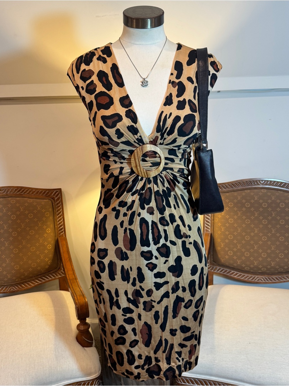 Vintage Cache Sexy Leopard Print Midi Slip Dress S with Wood Belt Ring Detail - Picture 2 of 4